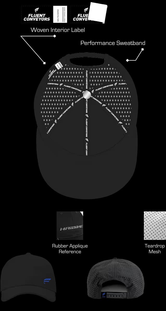 Black 6 panel golf hat interior and exterior detail views