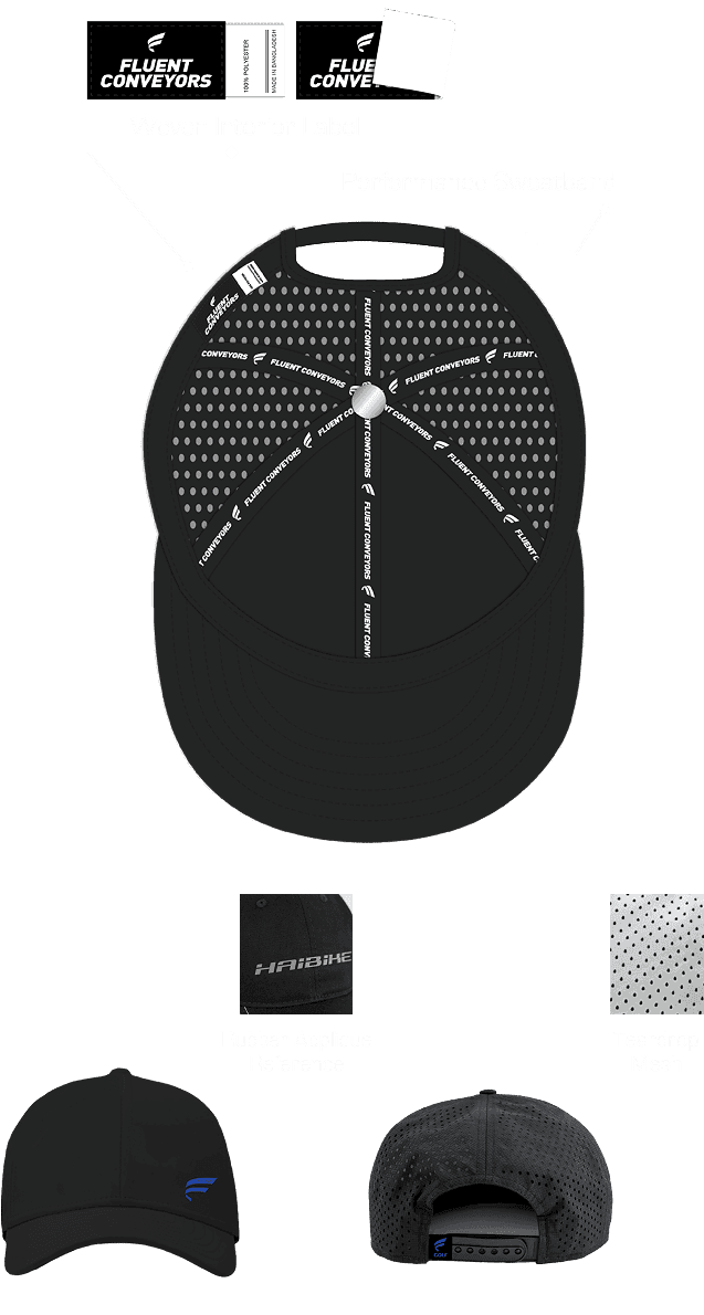 Black 6 panel golf hat interior and exterior detail views