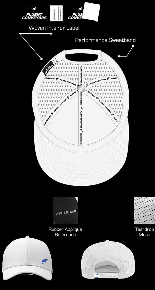 White 6 panel golf hat interior and exterior detail views