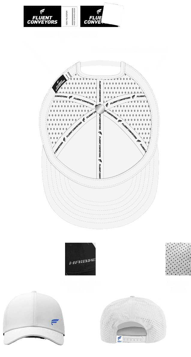 White 6 panel golf hat interior and exterior detail views