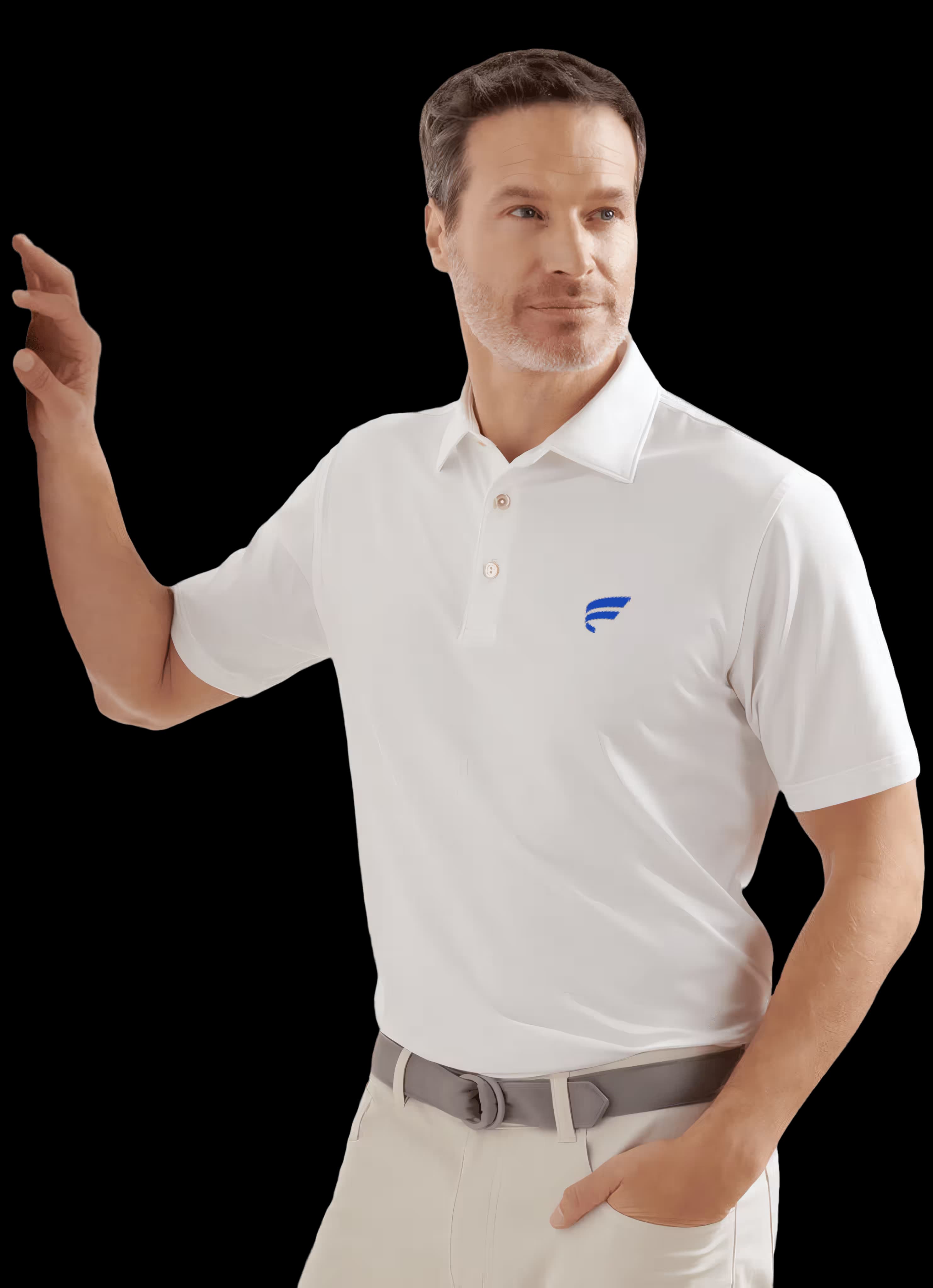 Solid Performance Jersey Polo in white with embroidered Fluent logo on left chest