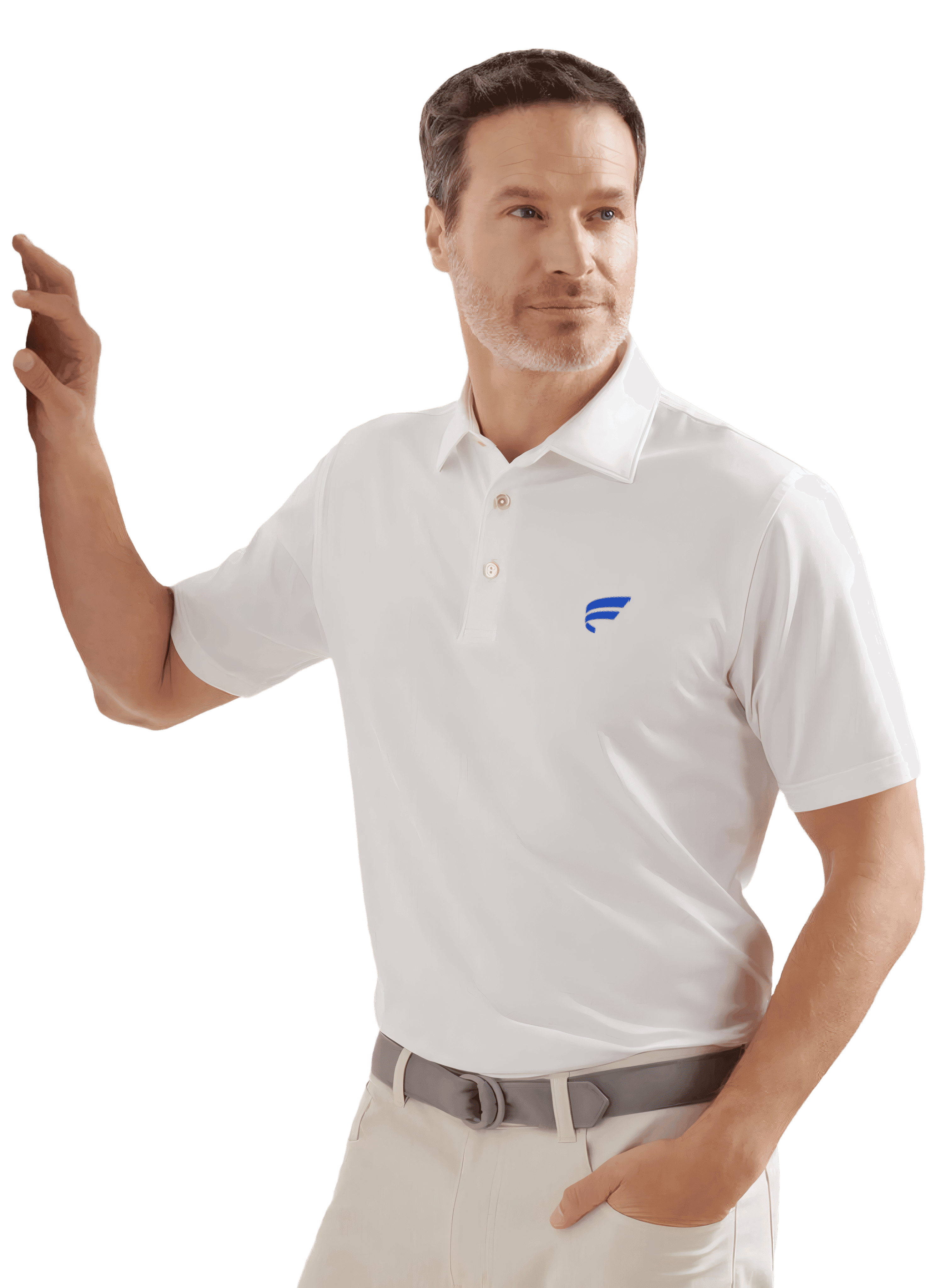 Solid Performance Jersey Polo in white with embroidered Fluent logo on left chest