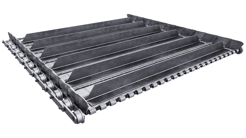 Hinged steel belts for roller chain conveyors