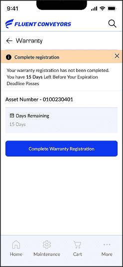 Warranty app screen with orange registration alert