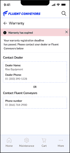 Warranty app screen with red expired warranty alert