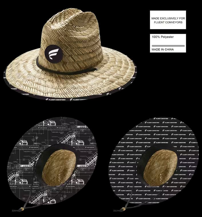 Custom straw hat with woven patch, materials tag, and sublimated underbrim details