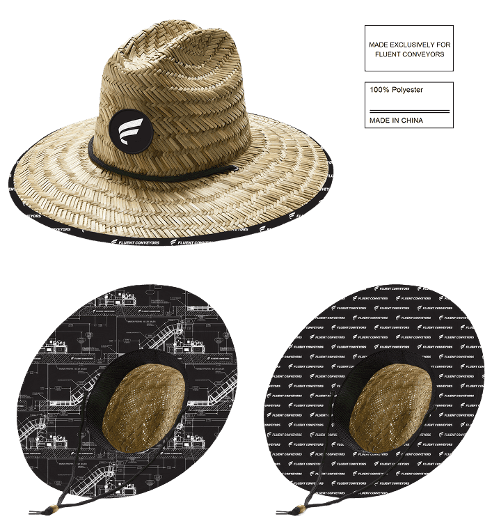 Custom straw hat with woven patch, materials tag, and sublimated underbrim details