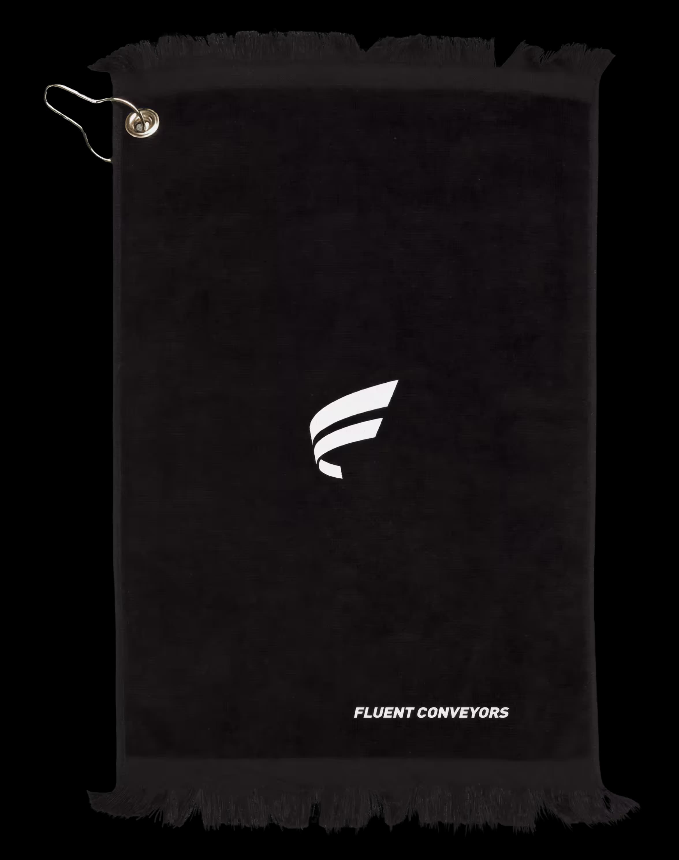 Premium fringed velour golf towel in black with Fluent logo