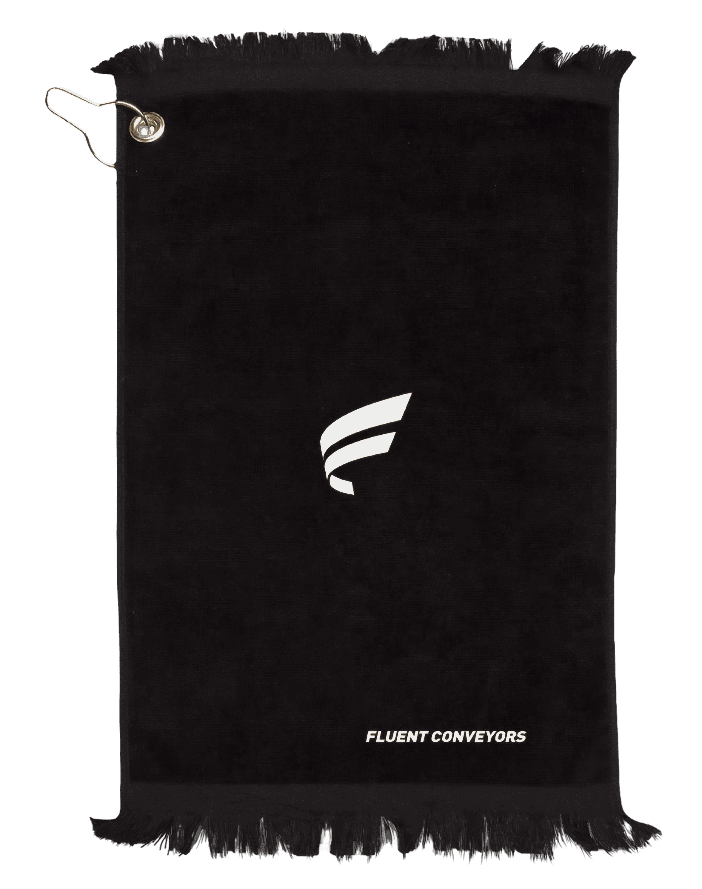 Premium fringed velour golf towel in black with Fluent logo